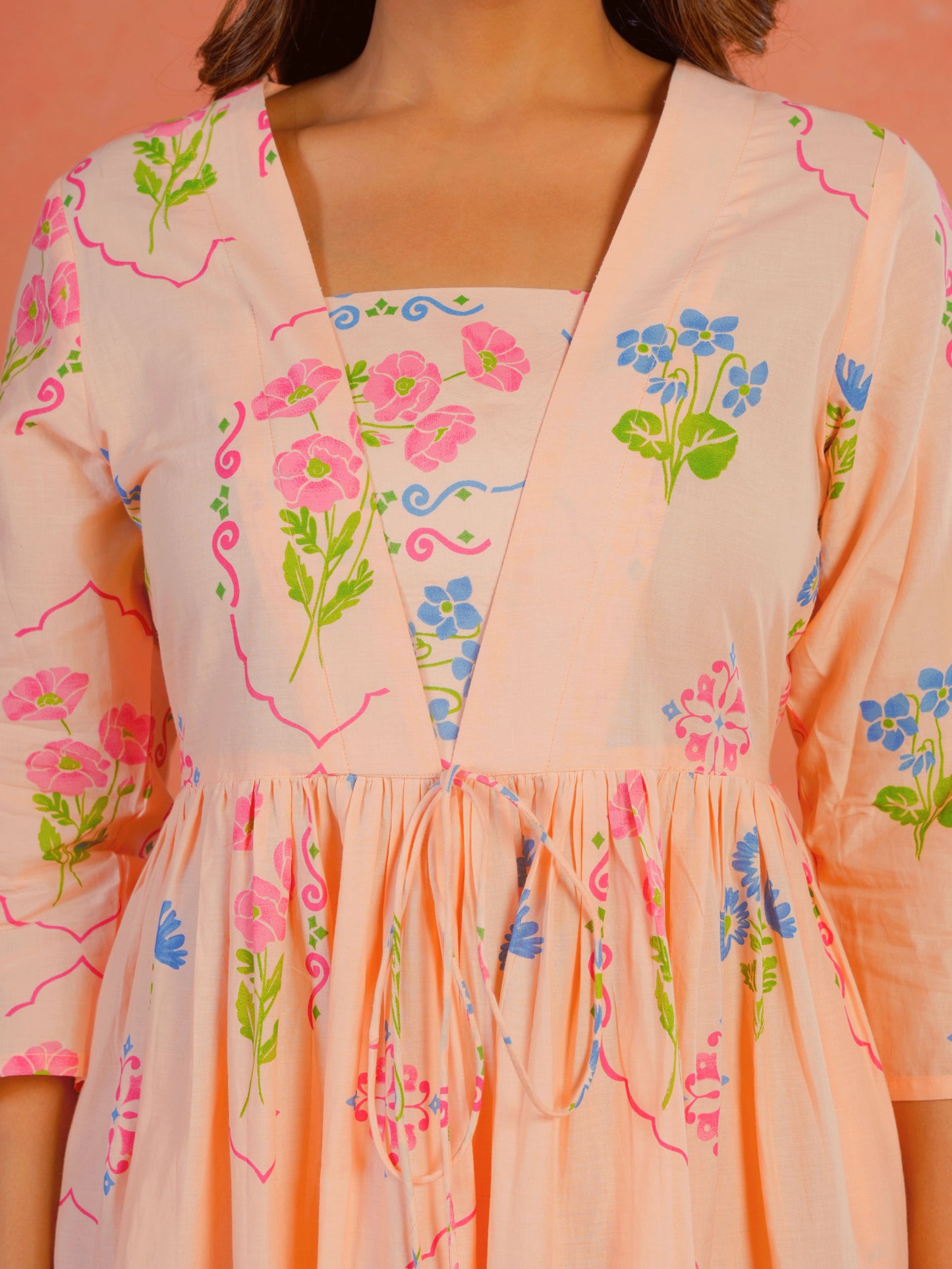 Soft Cotton Geometric Anarkali Peach Dress