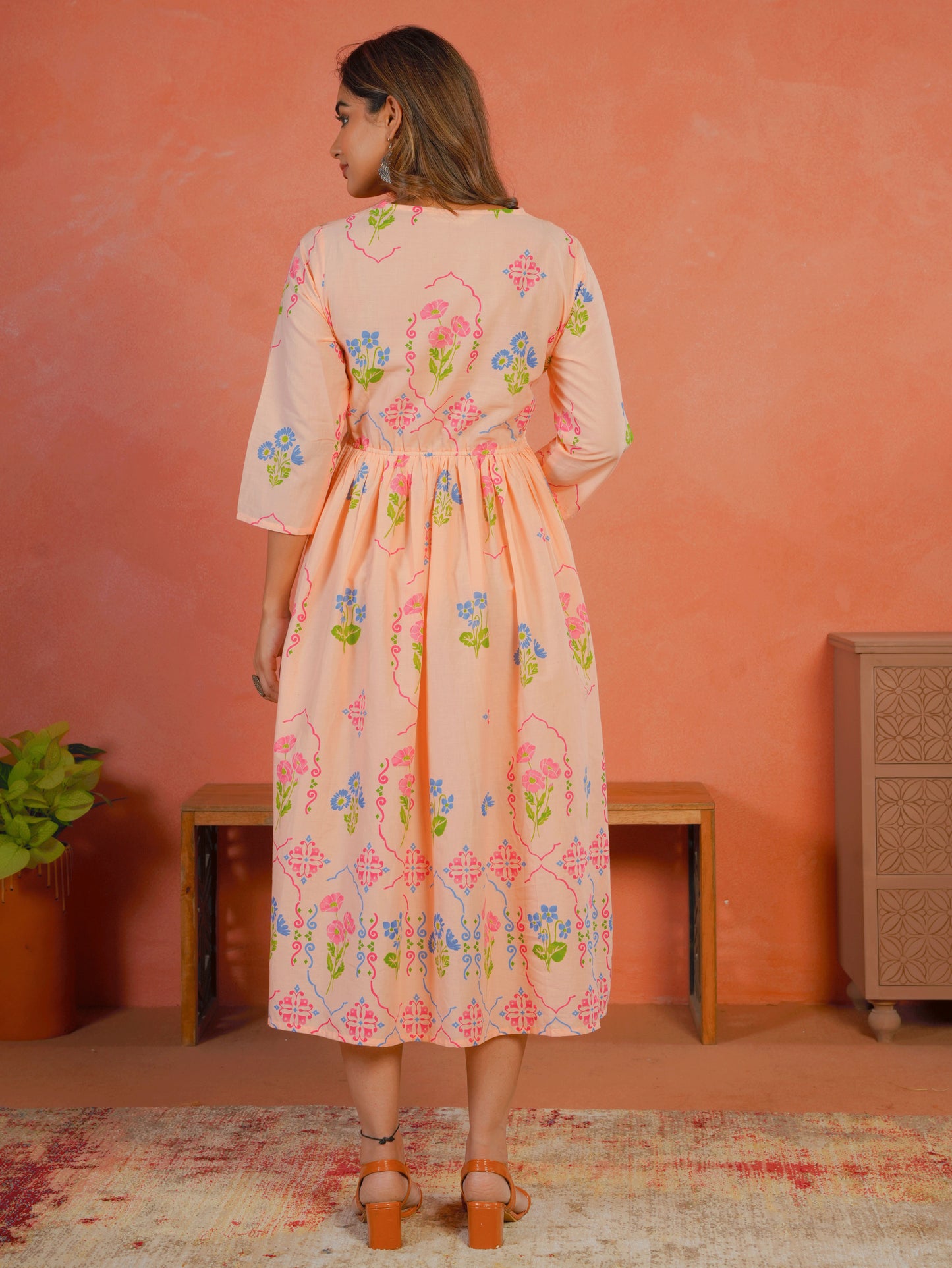 Soft Cotton Geometric Anarkali Peach Dress