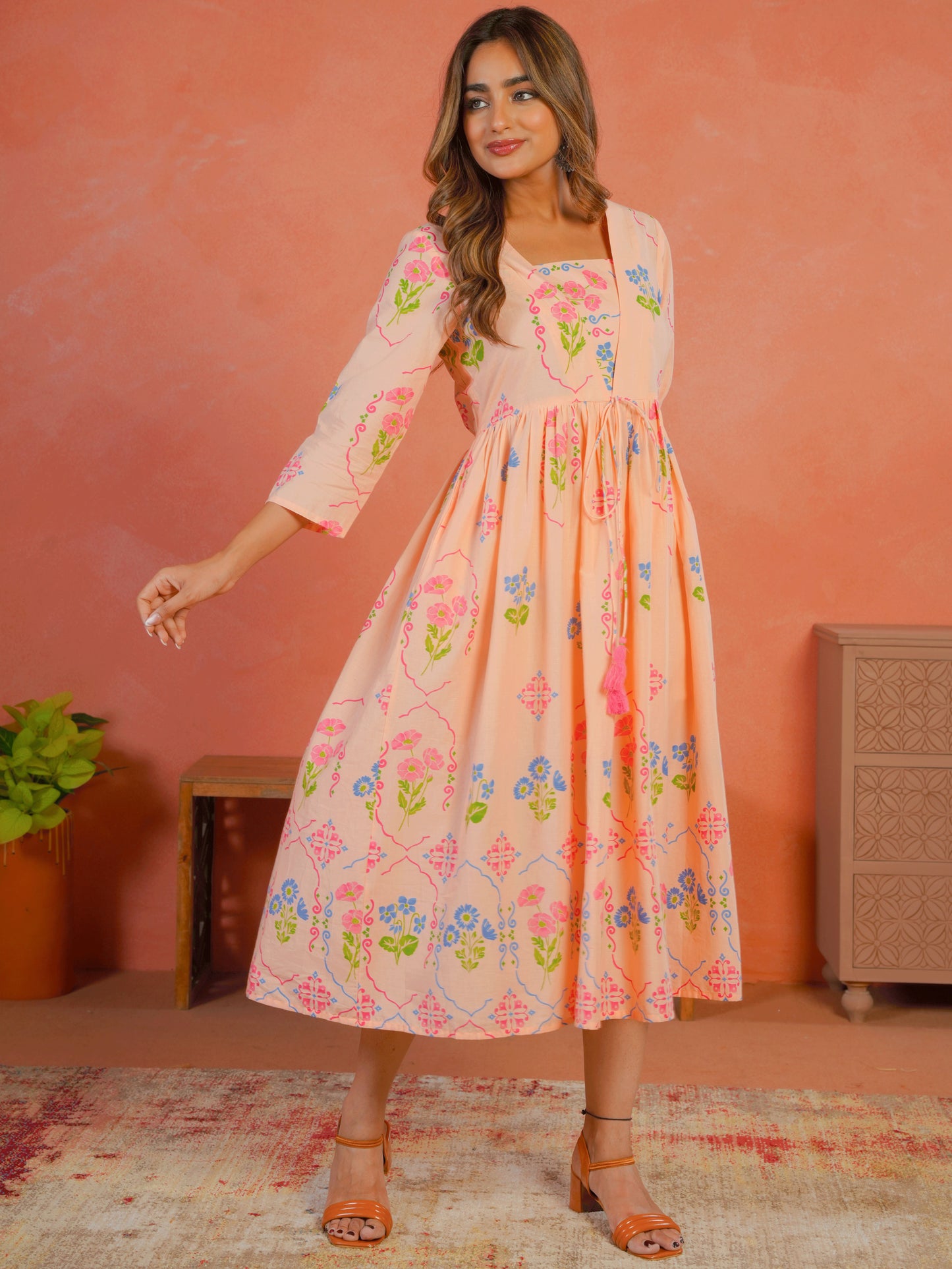 Soft Cotton Geometric Anarkali Peach Dress