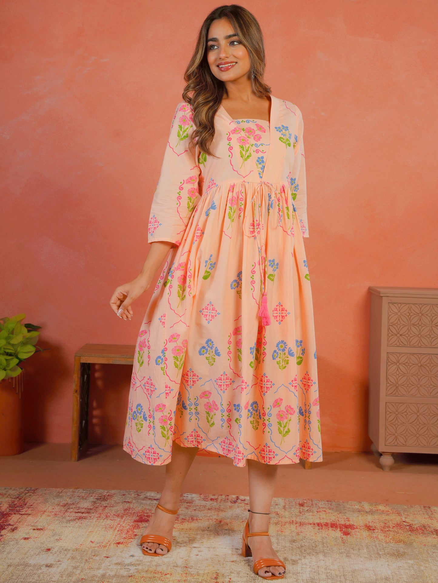Soft Cotton Geometric Anarkali Peach Dress