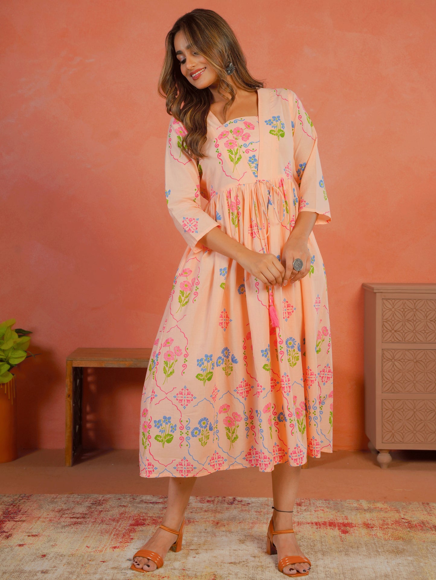 Soft Cotton Geometric Anarkali Peach Dress