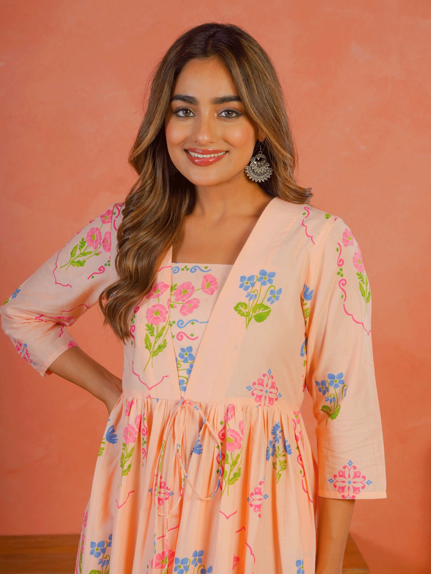 Soft Cotton Geometric Anarkali Peach Dress