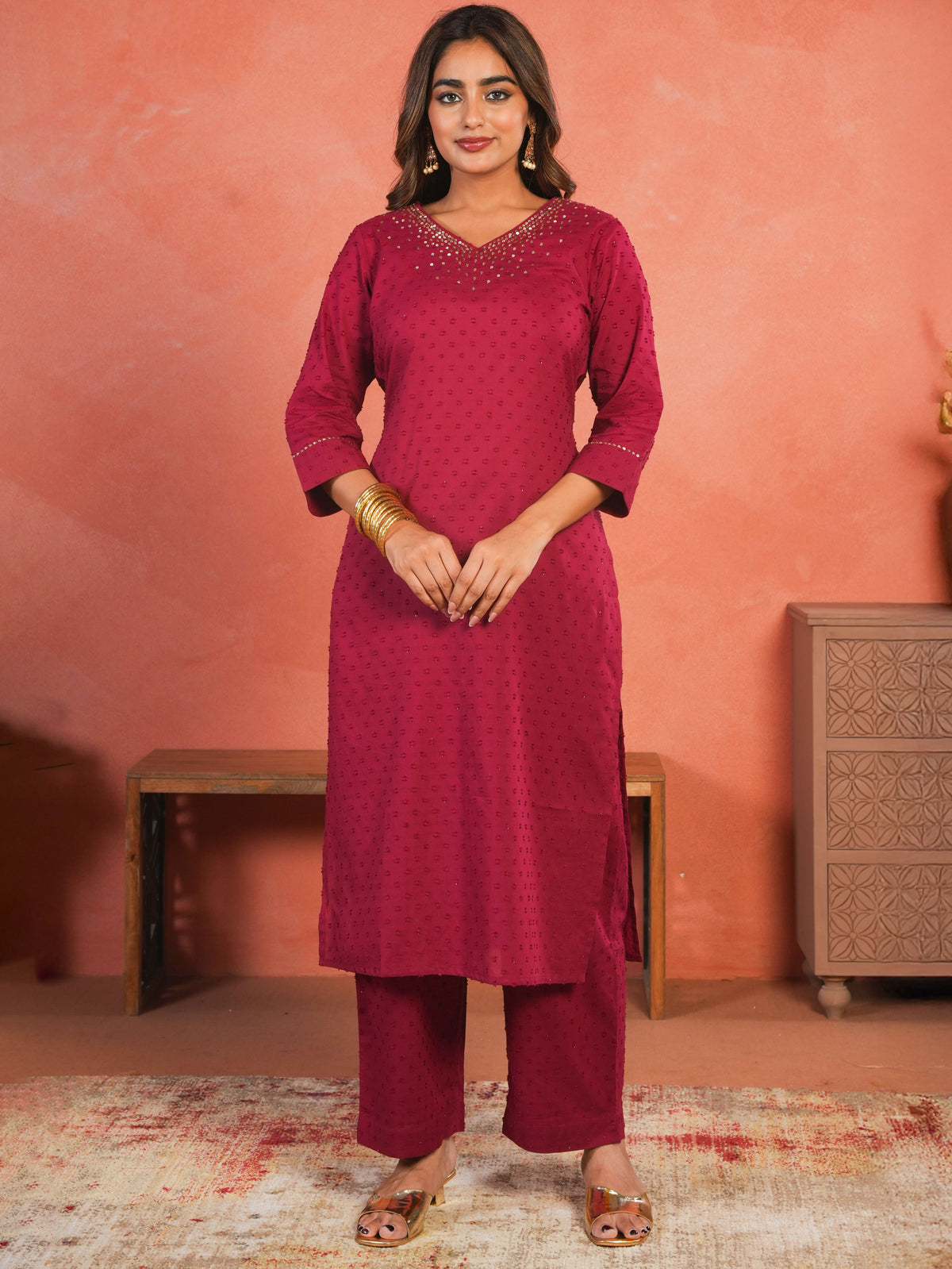 Embroidered Cotton Dobby Solid A-line Maroon Kurta