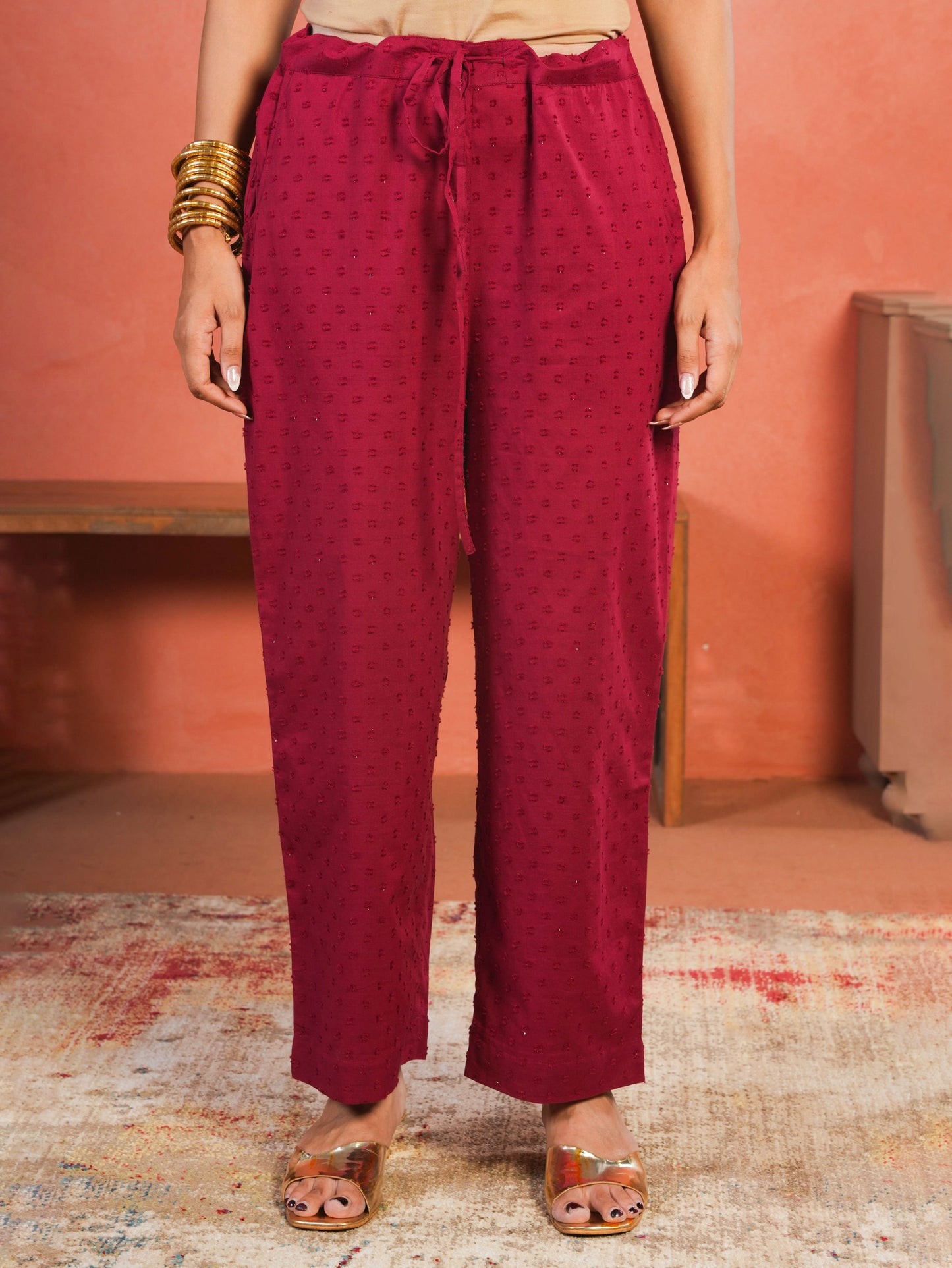 Cotton Dobby Solid Maroon Straight Trousers