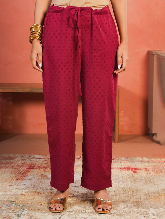 Cotton Dobby Solid Maroon Straight Trousers