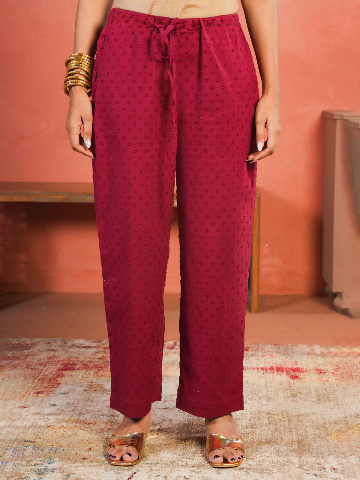 Embroidered Cotton Dobby Solid A-line Maroon Kurta