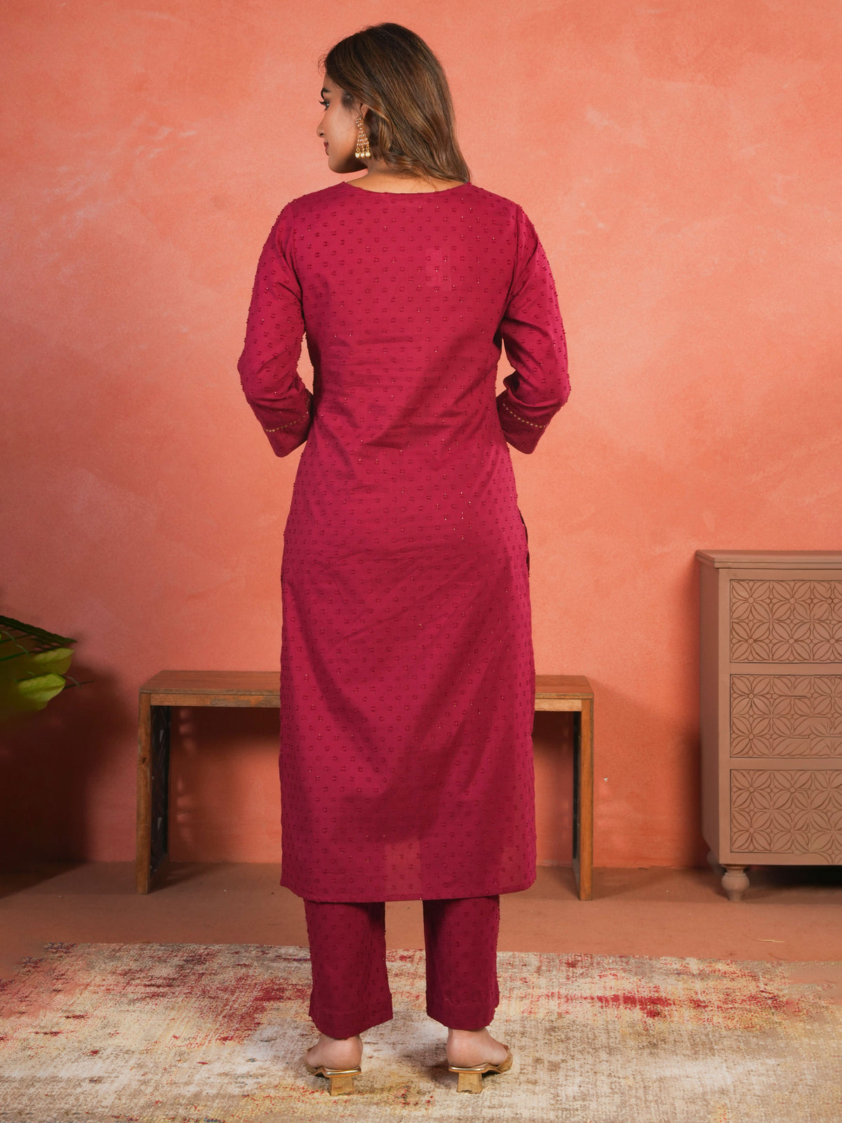 Embroidered Cotton Dobby Solid A-line Maroon Kurta