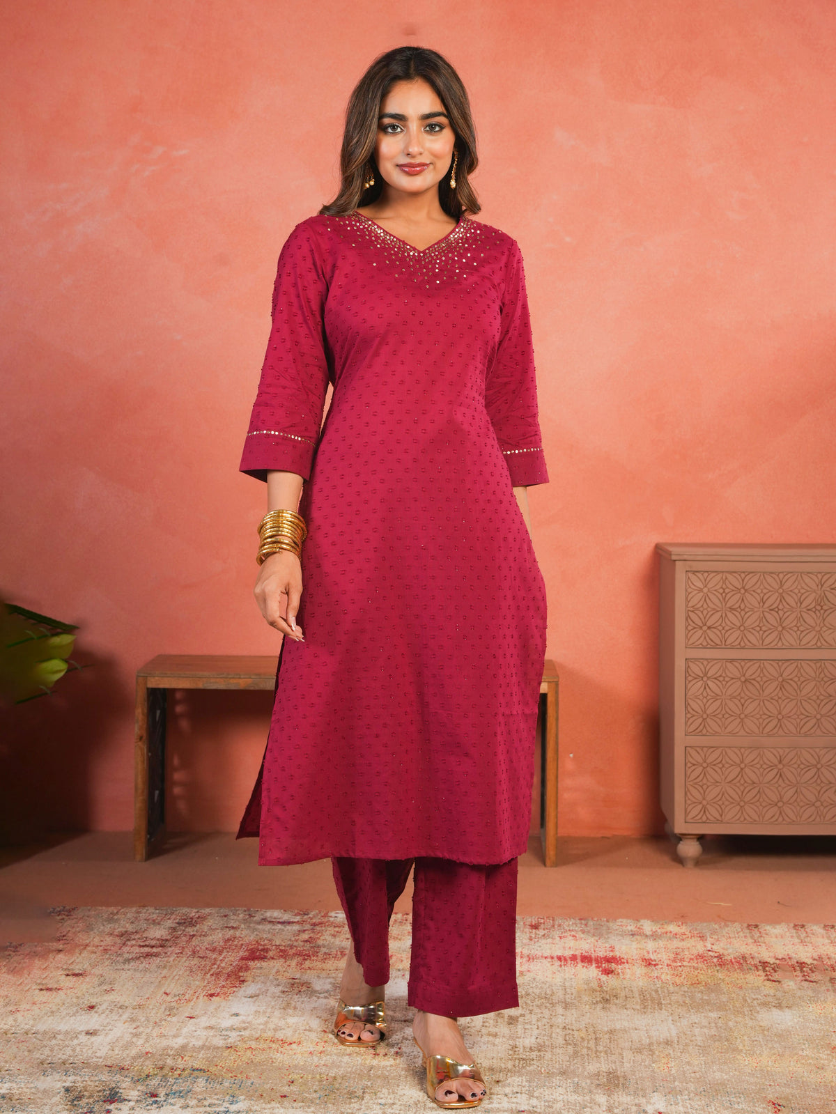 Embroidered Cotton Dobby Solid A-line Maroon Kurta