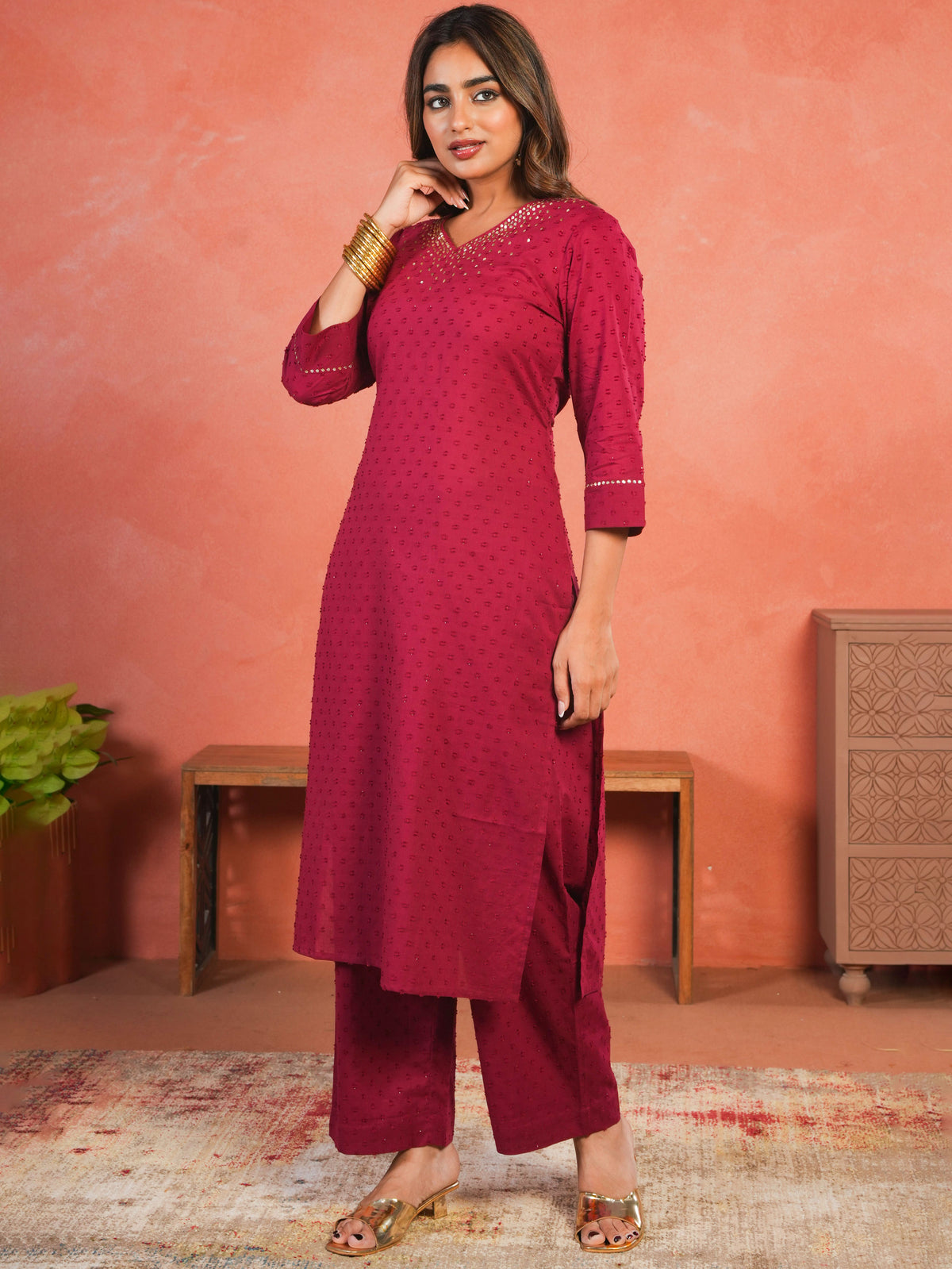 Embroidered Cotton Dobby Solid A-line Maroon Kurta