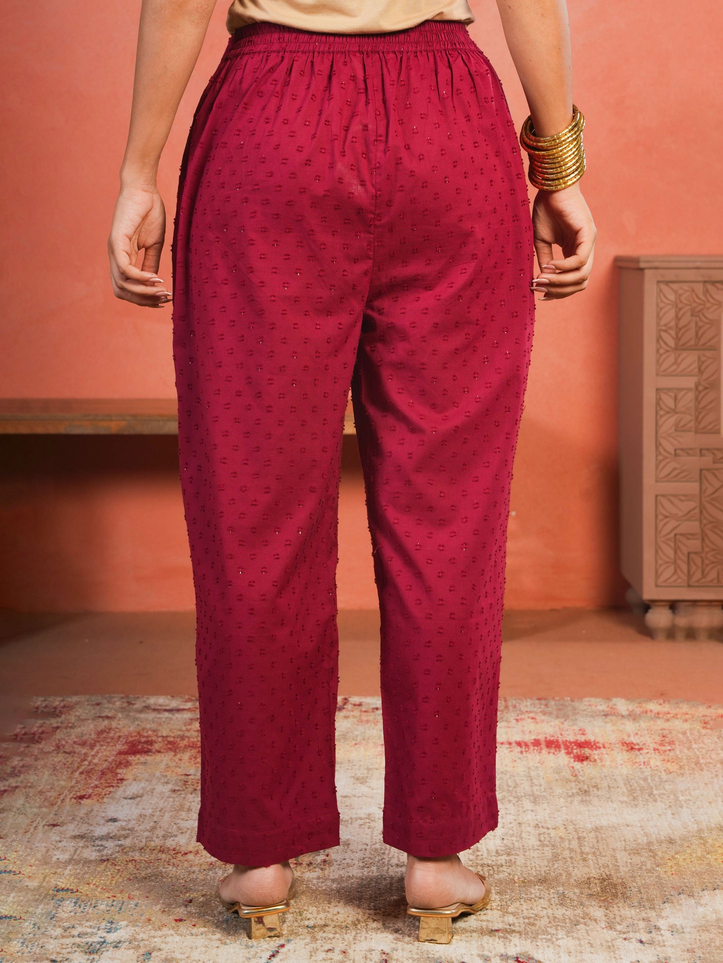 Cotton Dobby Solid Maroon Straight Trousers