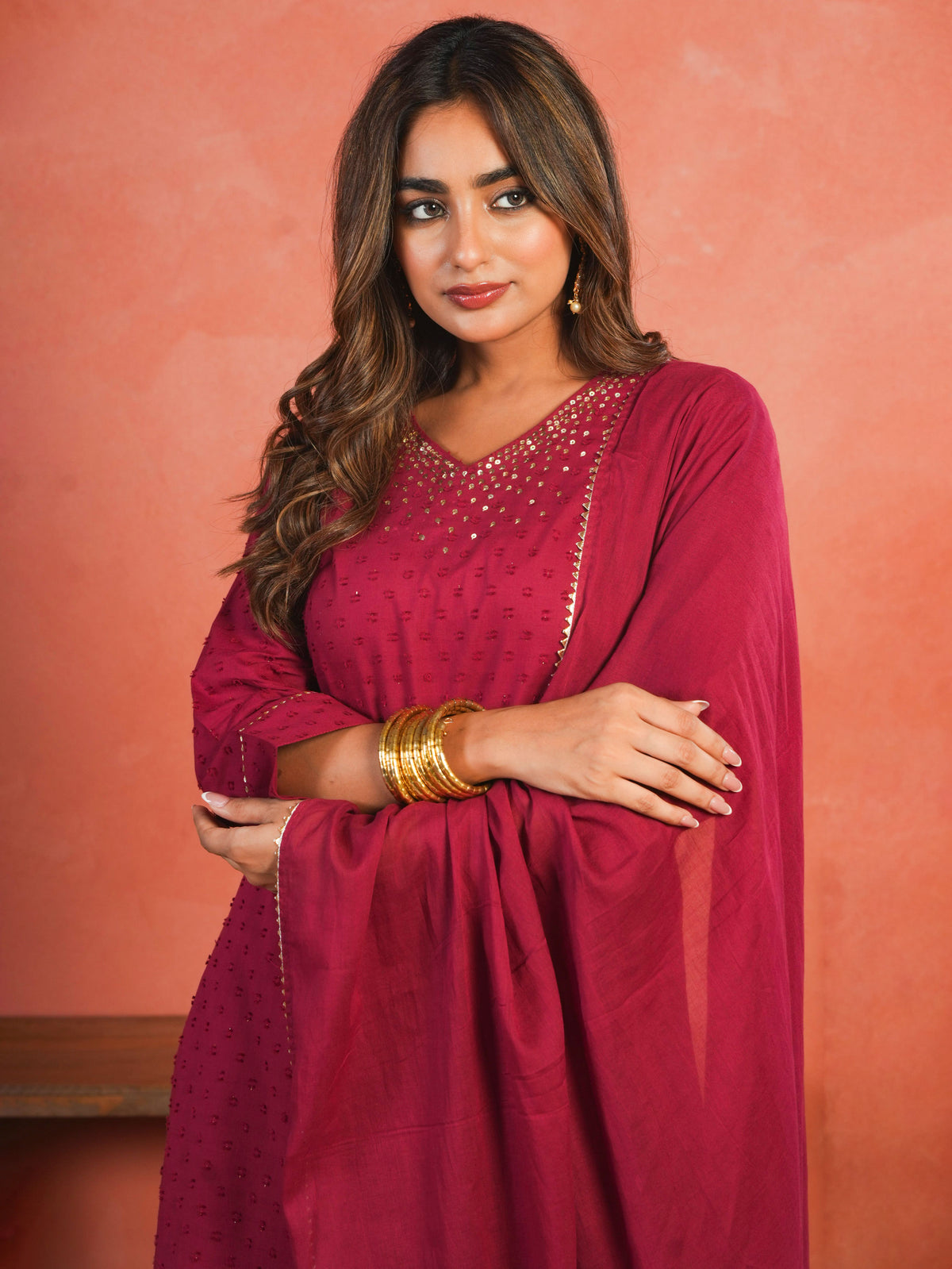 Embroidered Cotton Dobby Solid A-line Maroon Kurta