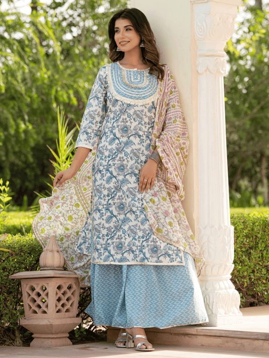 Voile Cotton Geometric Blue Dupatta
