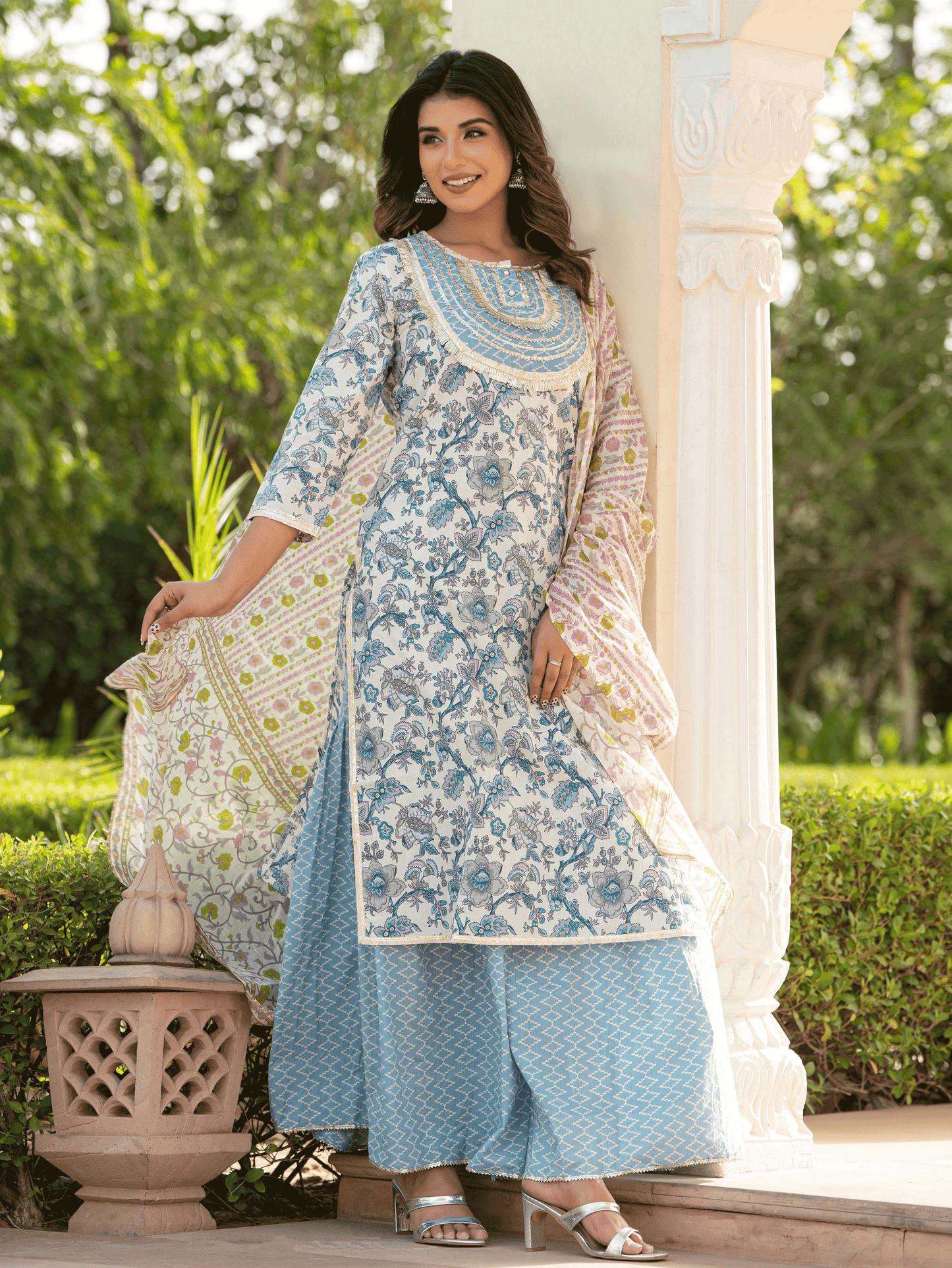 Voile Cotton Geometric Blue Dupatta