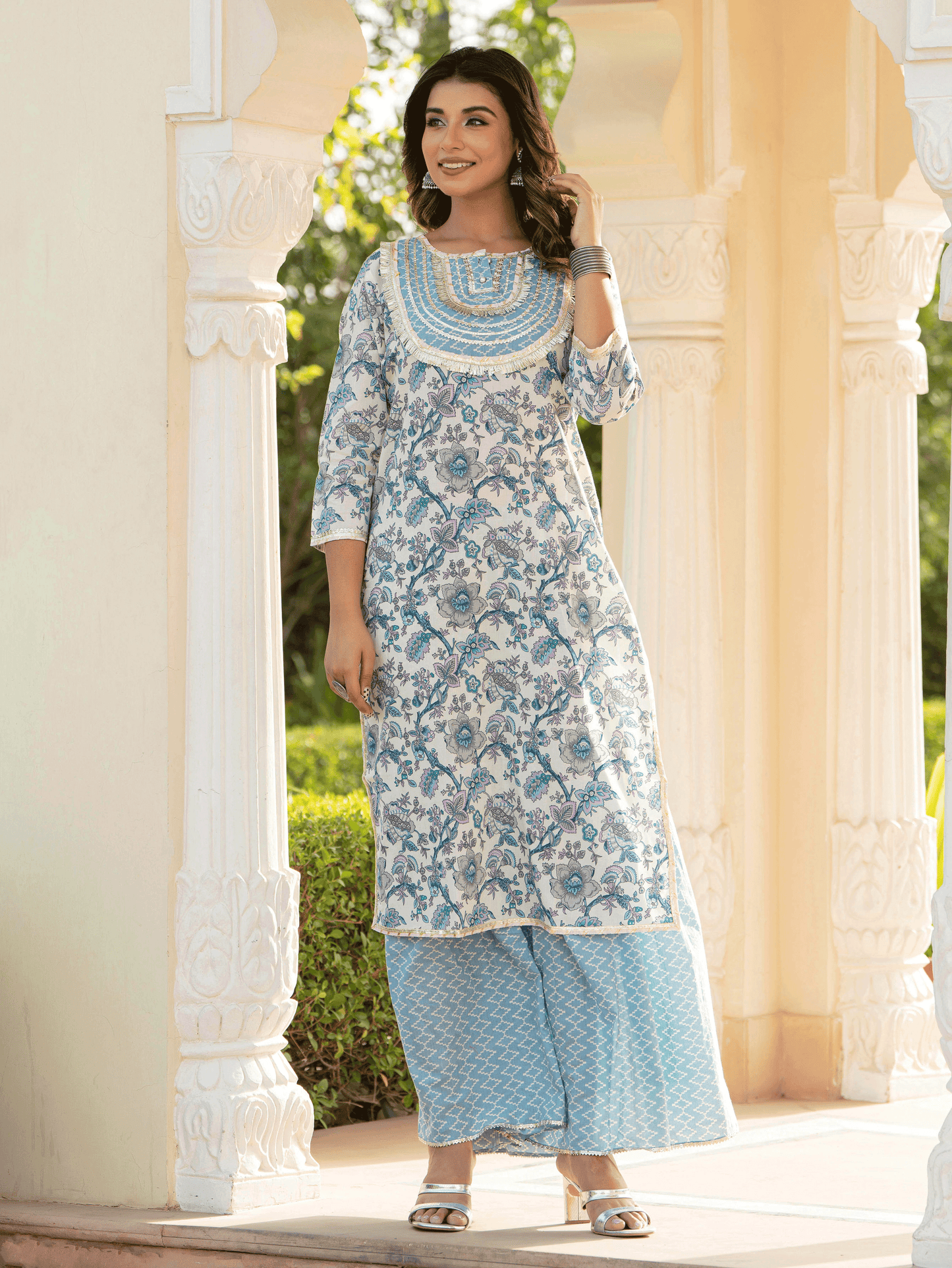 Soft Cotton Floral Straight Blue Kurta