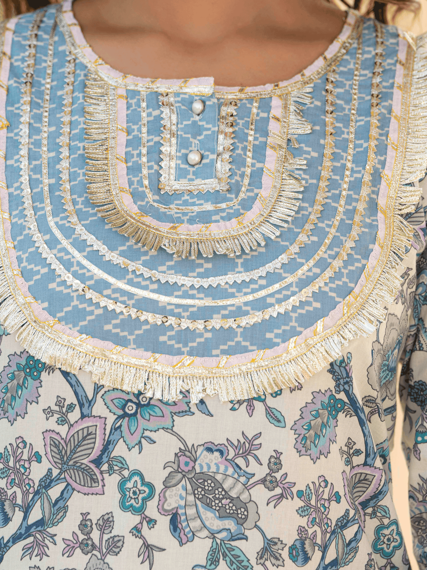 Soft Cotton Floral Straight Blue Kurta