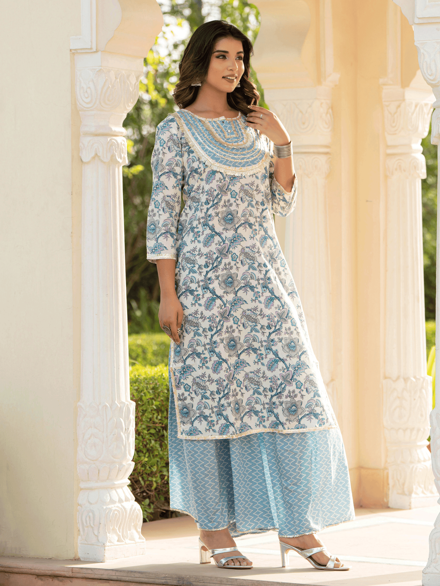 Soft Cotton Floral Straight Blue Kurta