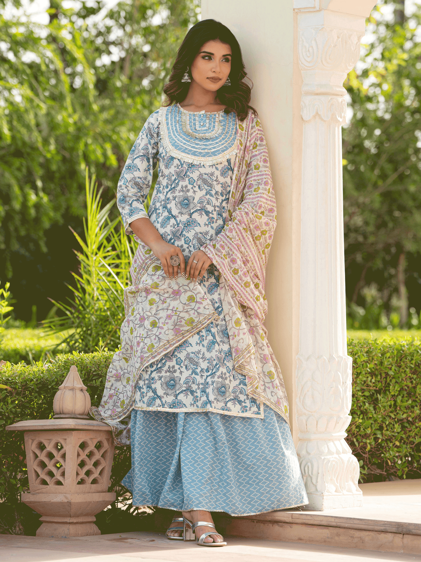 Soft Cotton Floral Straight Blue Kurta