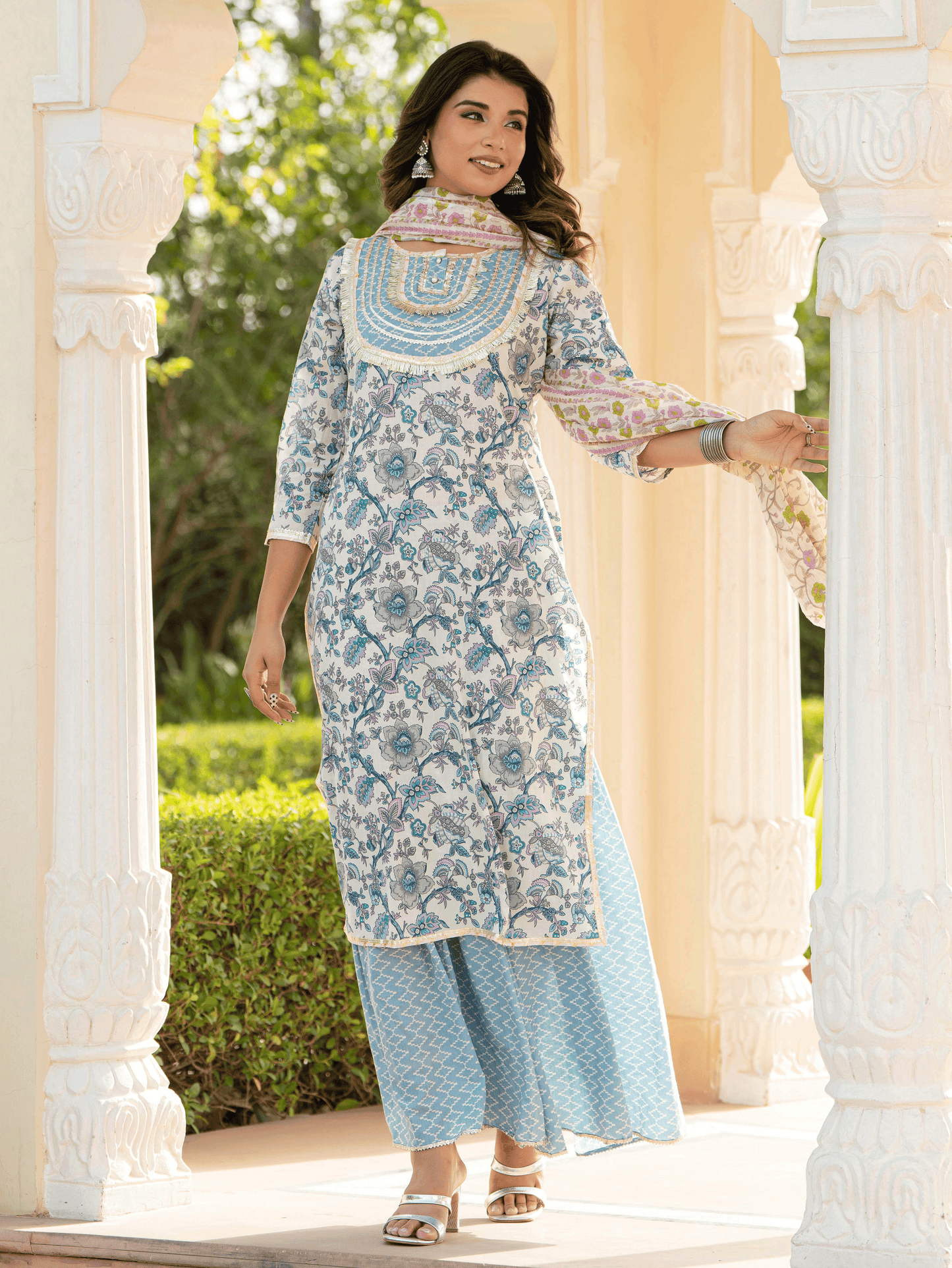 Soft Cotton Floral Straight Blue Kurta