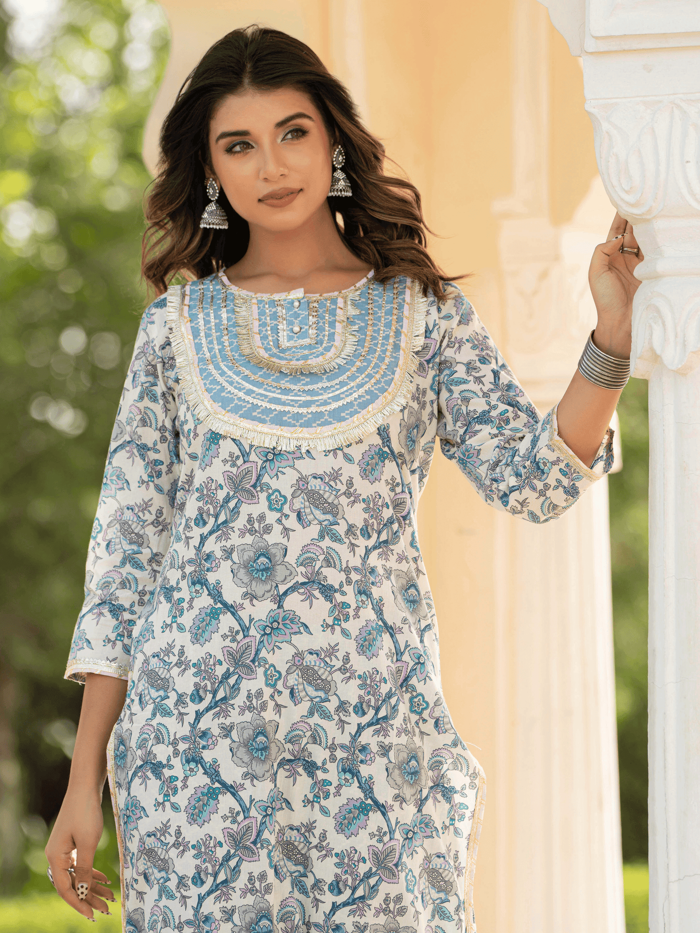 Soft Cotton Floral Straight Blue Kurta