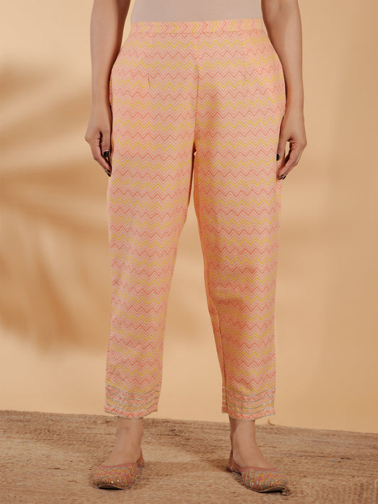 Linen Cotton Chevron Pink Tapered Trousers