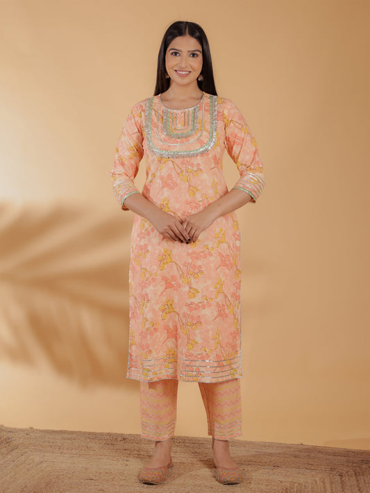 Linen Cotton Floral Straight Pink Kurta
