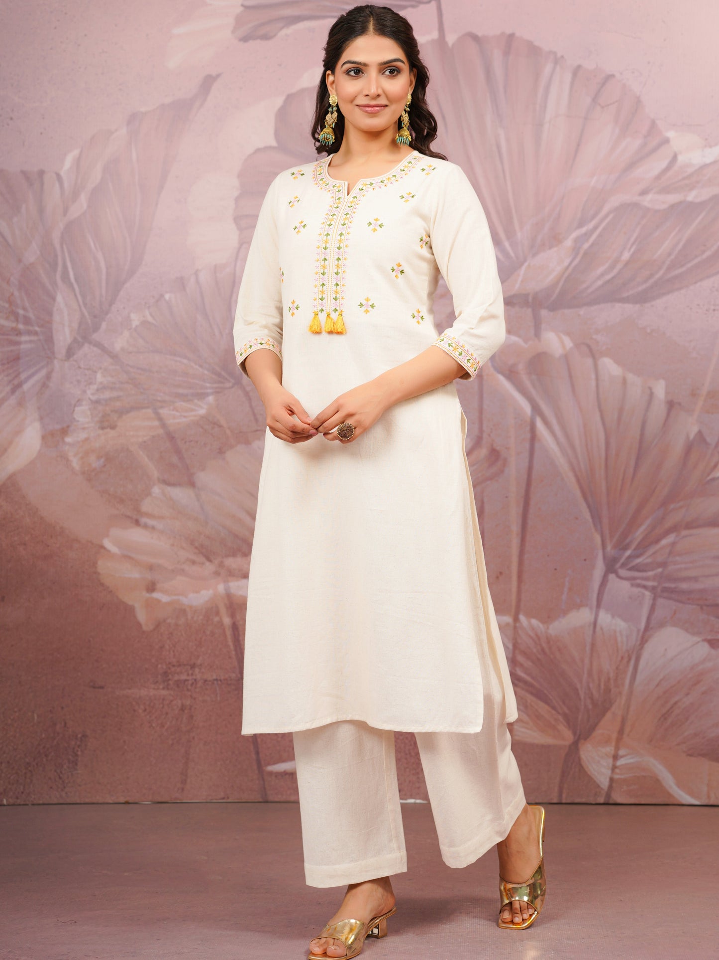 Embroidered Linen Cotton Solid Straight Off White Kurta
