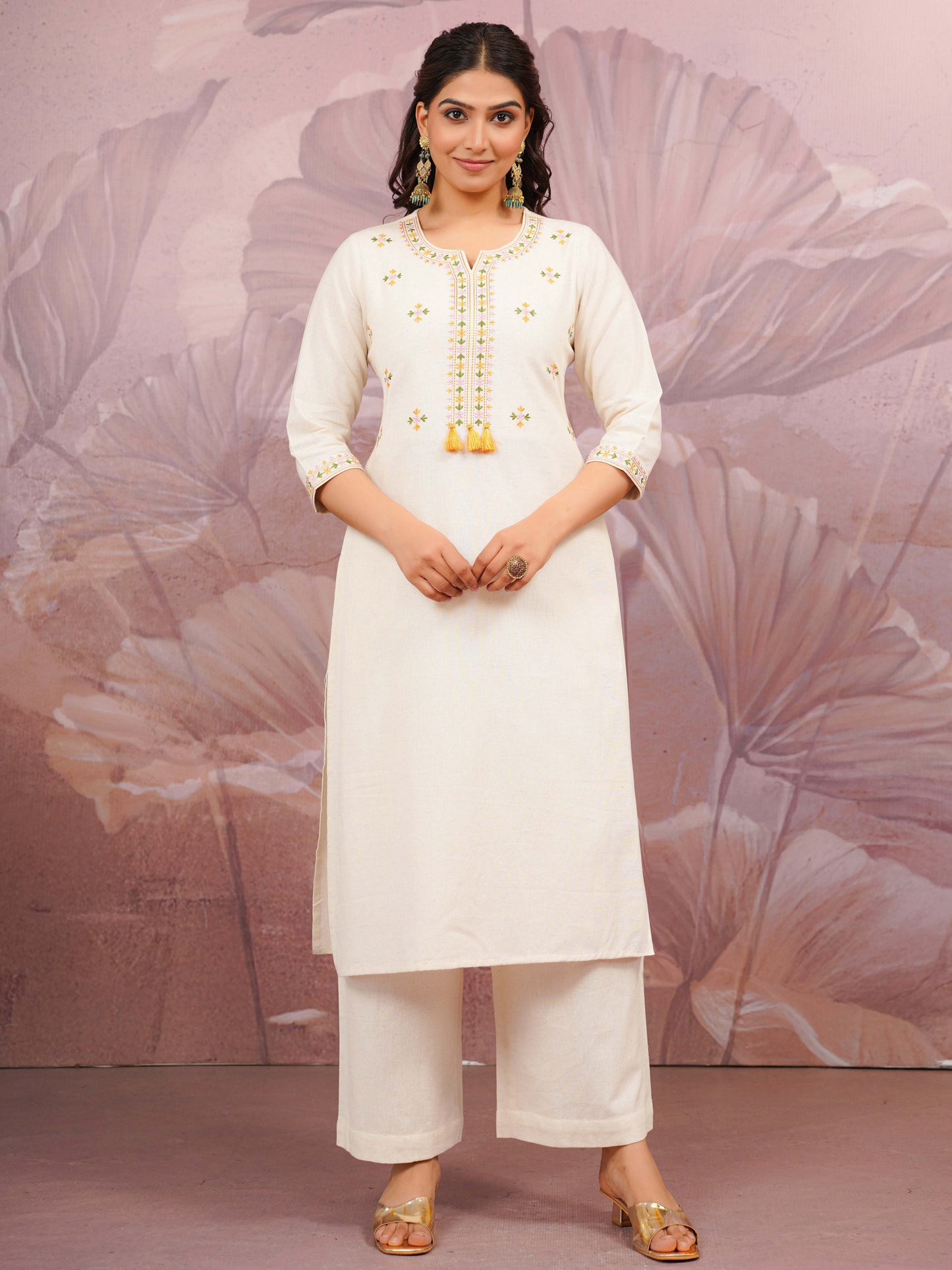 Embroidered Linen Cotton Solid Straight Off White Kurta