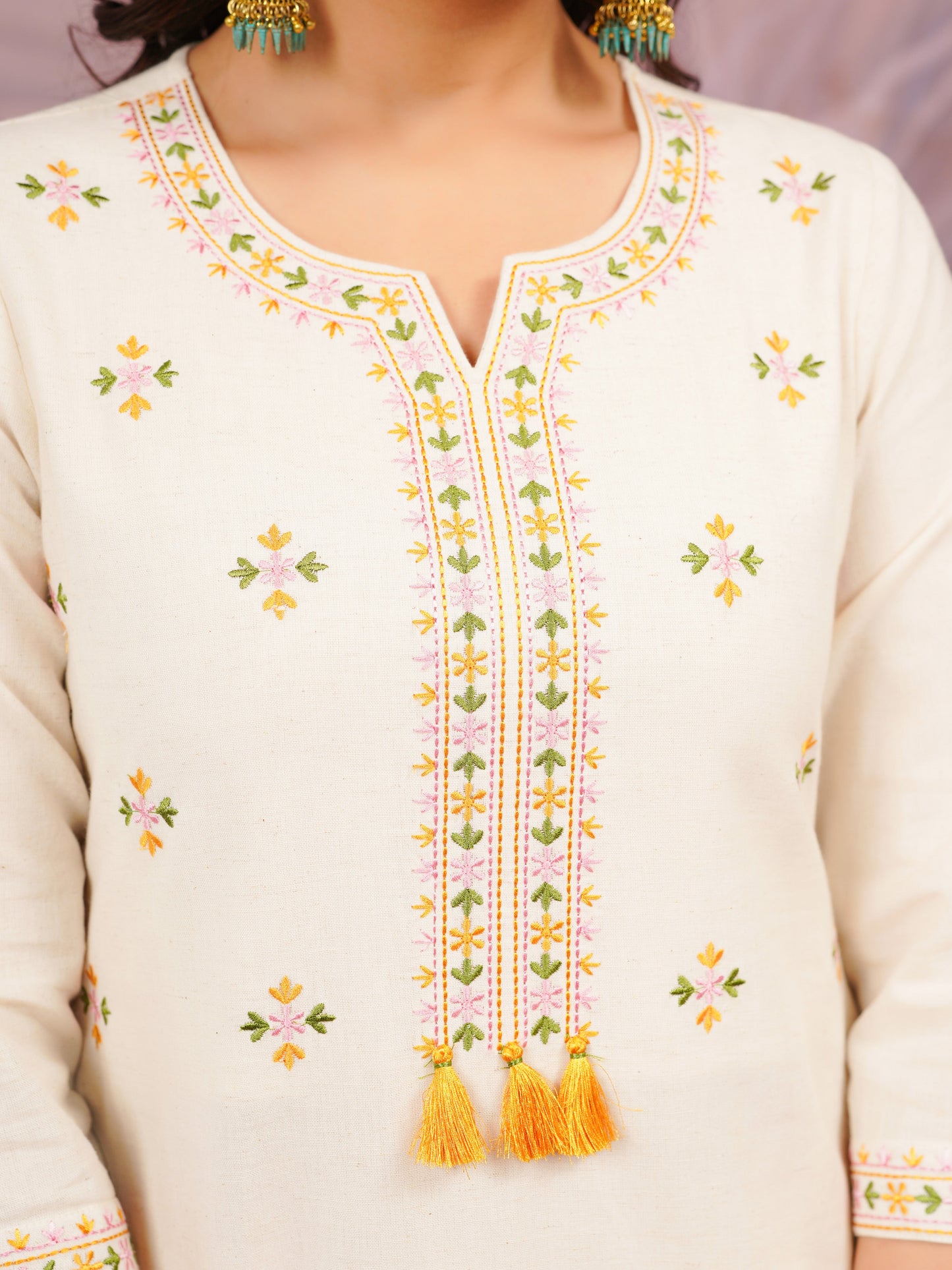 Embroidered Linen Cotton Solid Straight Off White Kurta