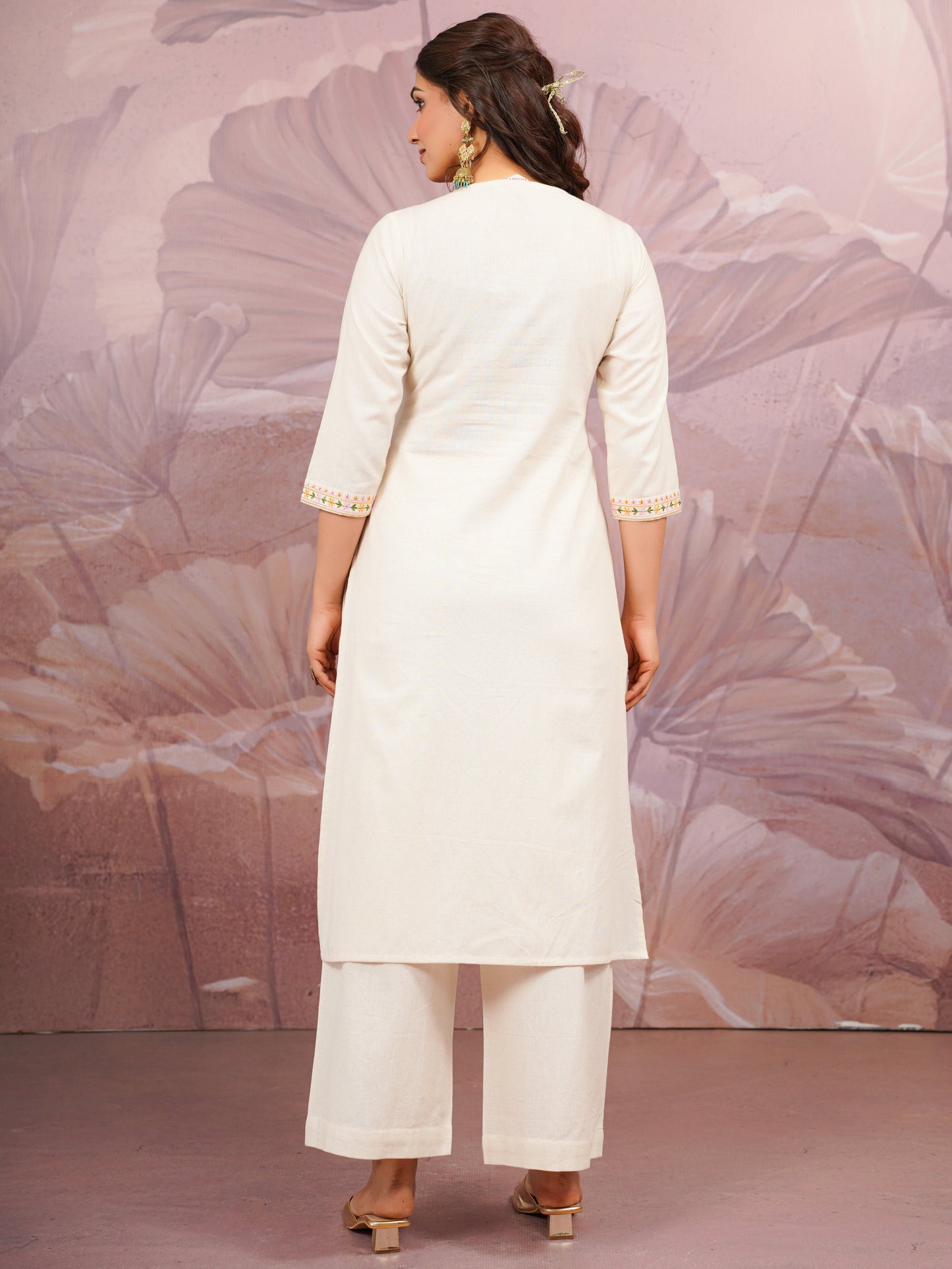 Embroidered Linen Cotton Solid Straight Off White Kurta
