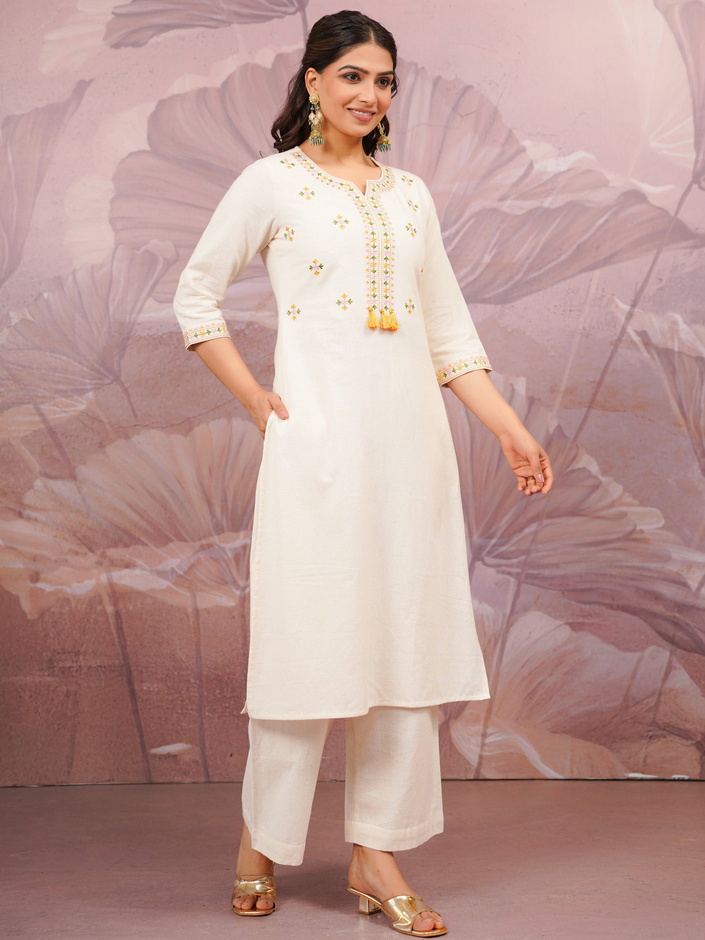 Embroidered Linen Cotton Solid Straight Off White Kurta
