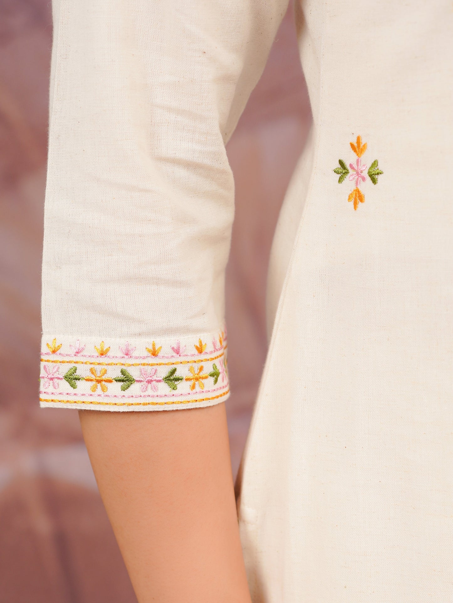 Embroidered Linen Cotton Solid Straight Off White Kurta