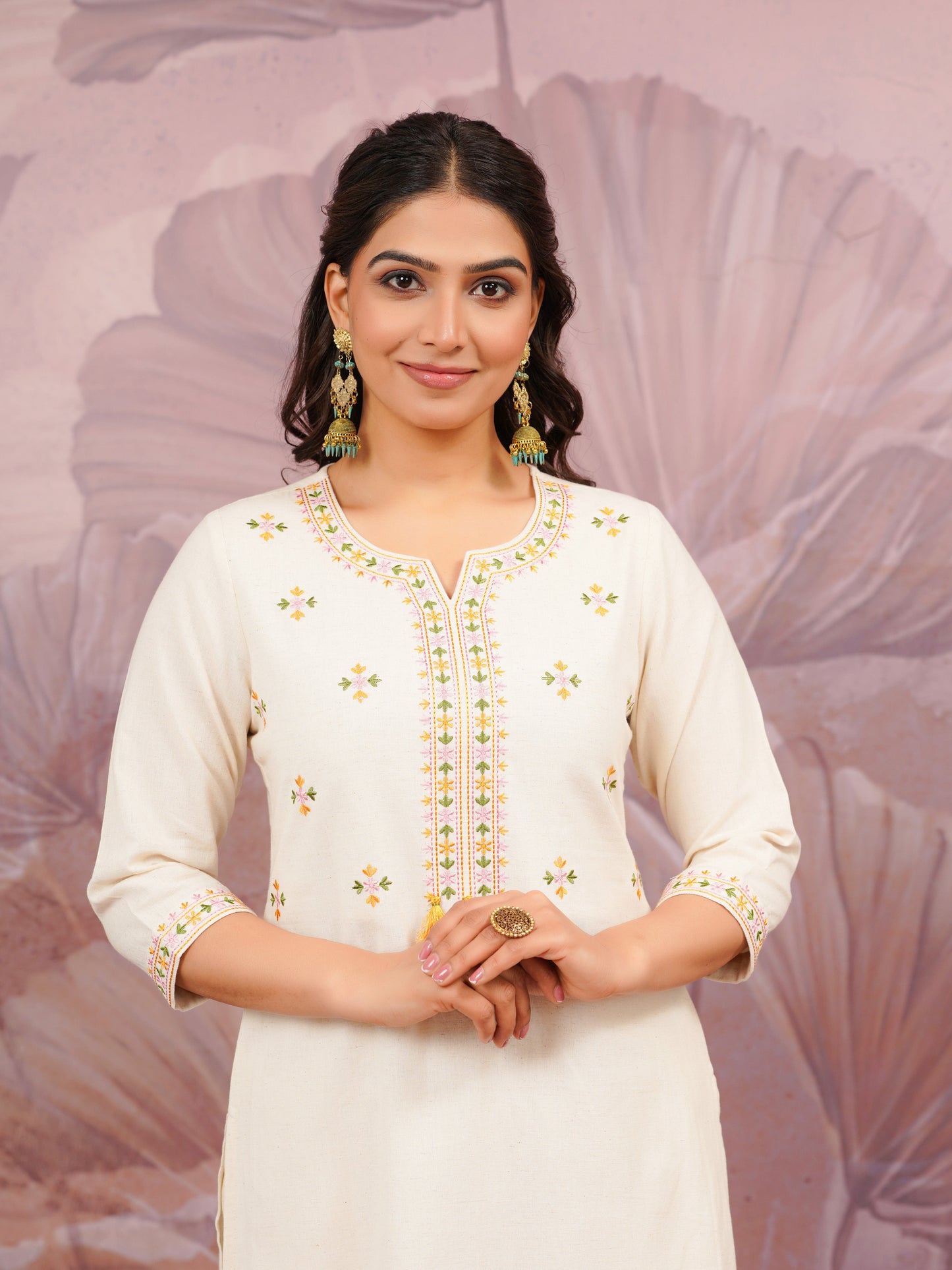 Embroidered Linen Cotton Solid Straight Off White Kurta