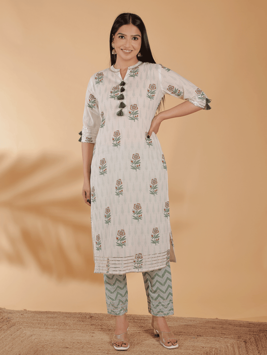 Soft Cotton Floral Straight White Kurta
