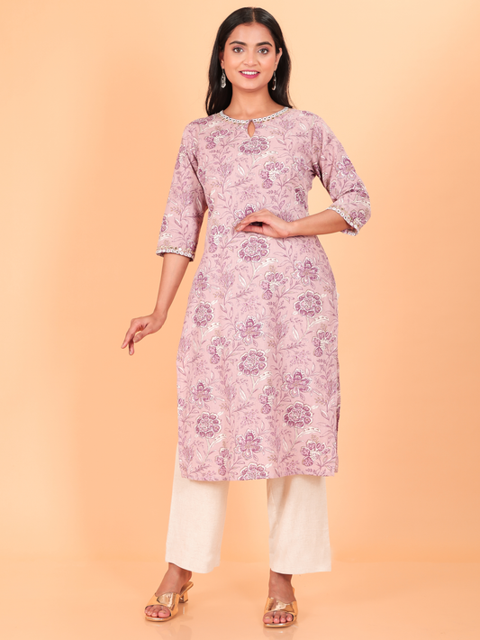 Linen Cotton Floral Straight Purple Kurta