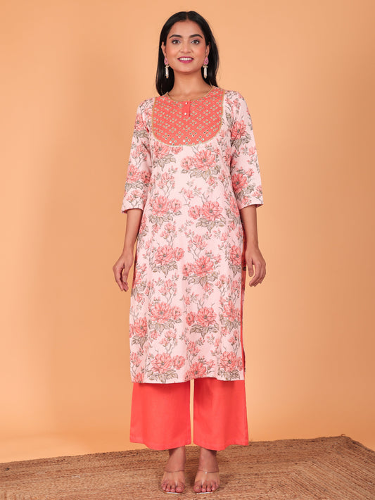 Linen Cotton Gold foil Straight Pink Kurta