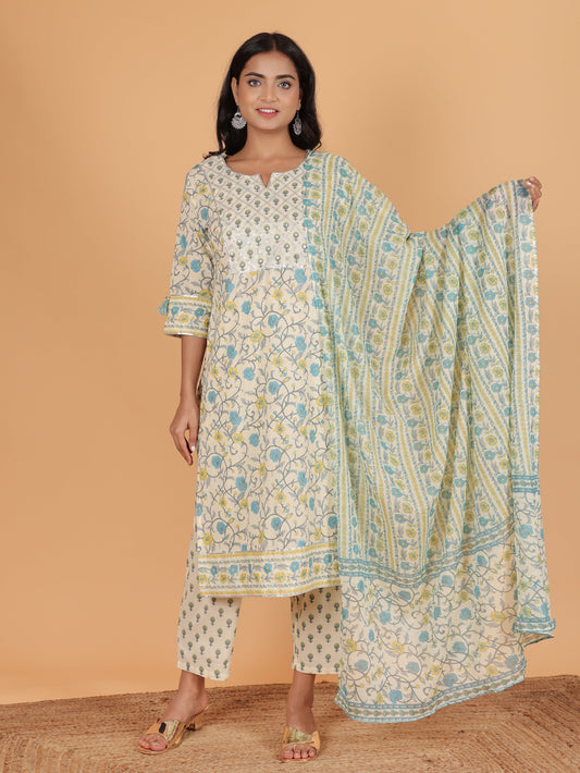 Soft Cotton Floral Straight Cream Kurta