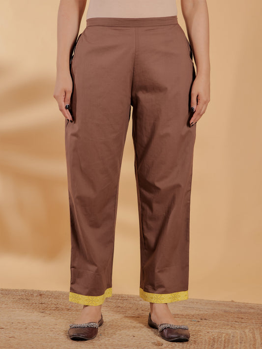 Soft Cotton Solid Brown Straight Trousers