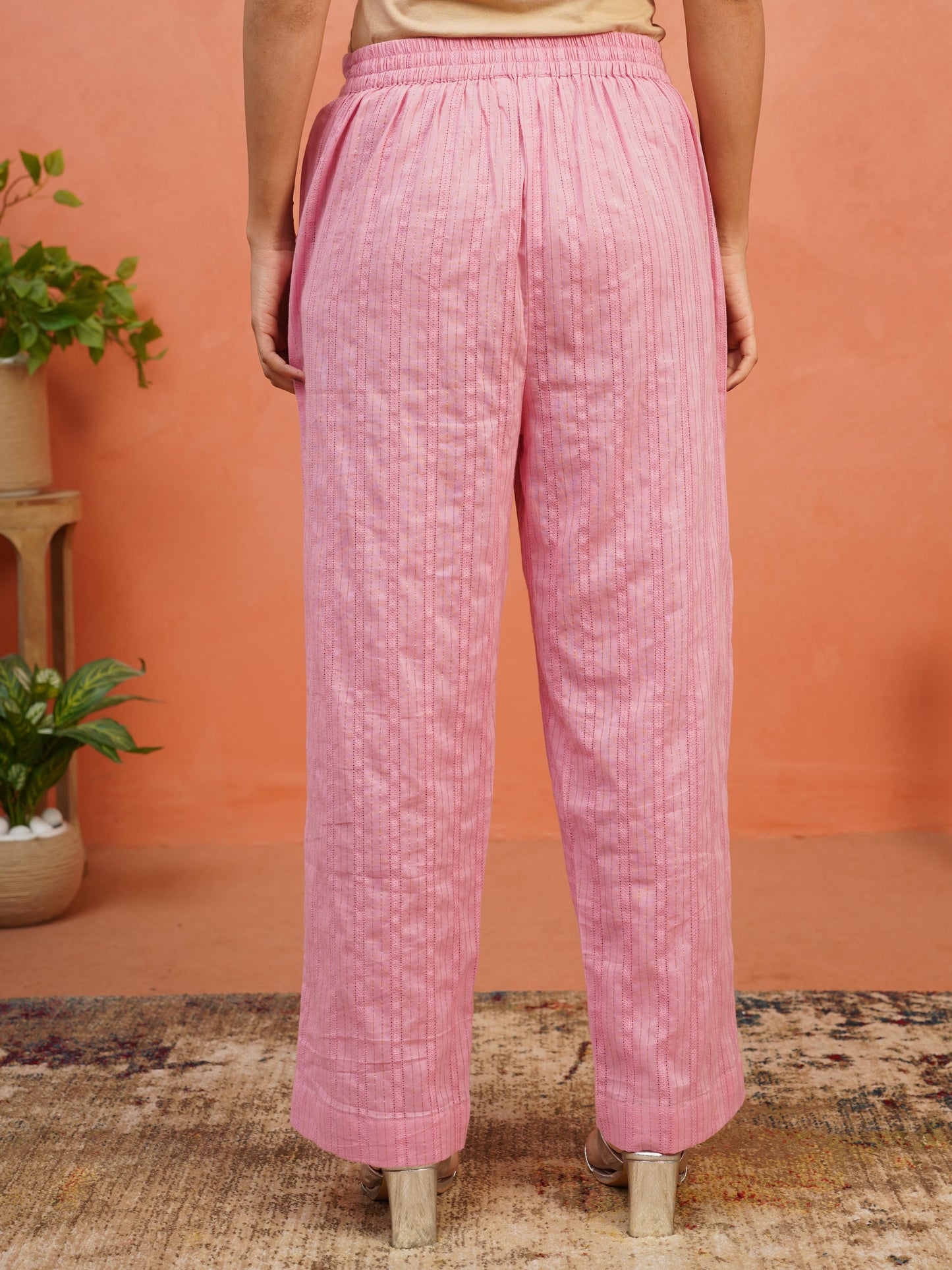 Lurex Dobby Cotton Solid Pink Straight Trousers