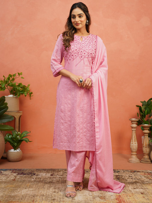 Embroidered Cotton Voile Solid Pink Dupatta
