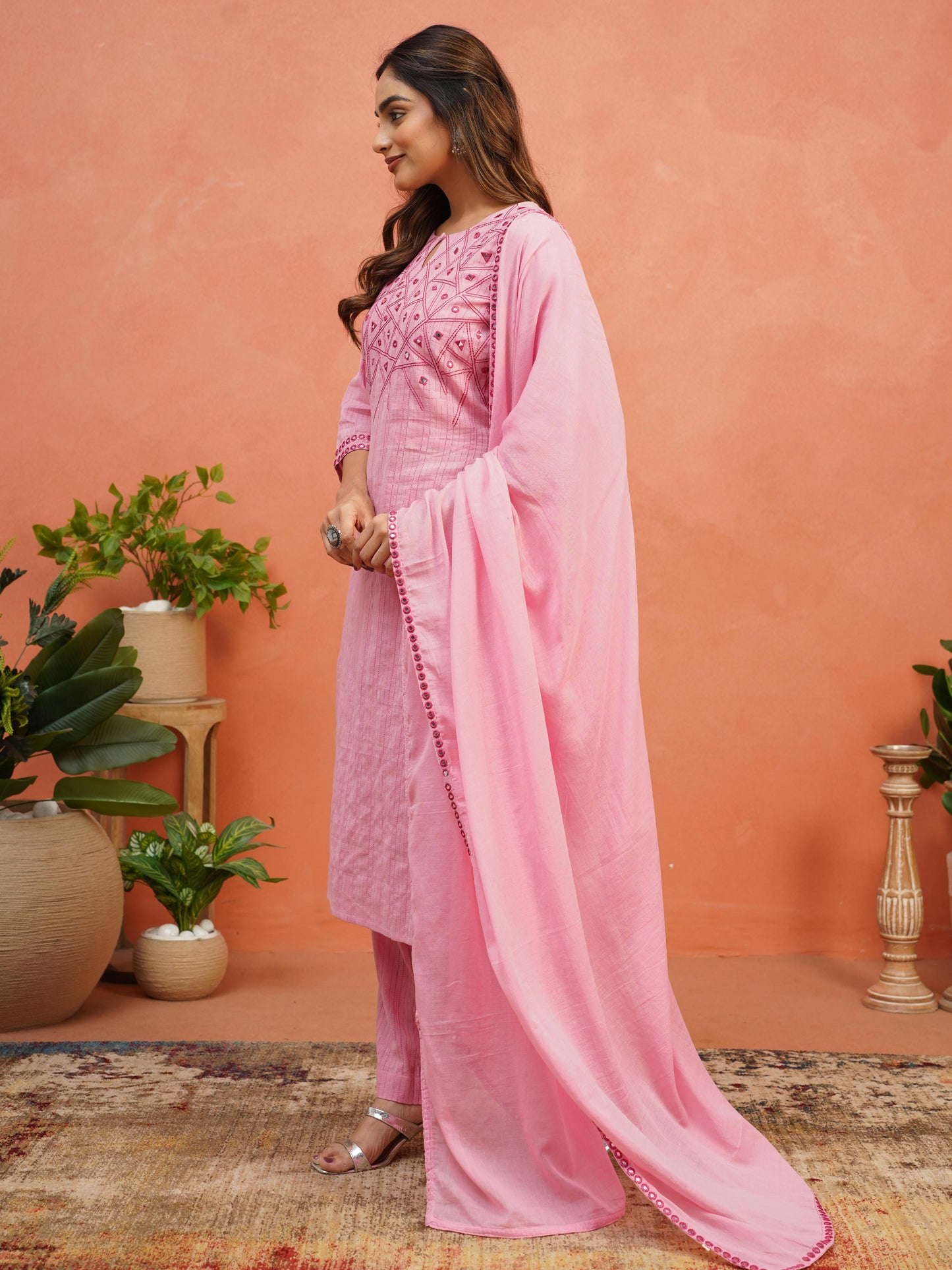 Embroidered Cotton Voile Solid Pink Dupatta