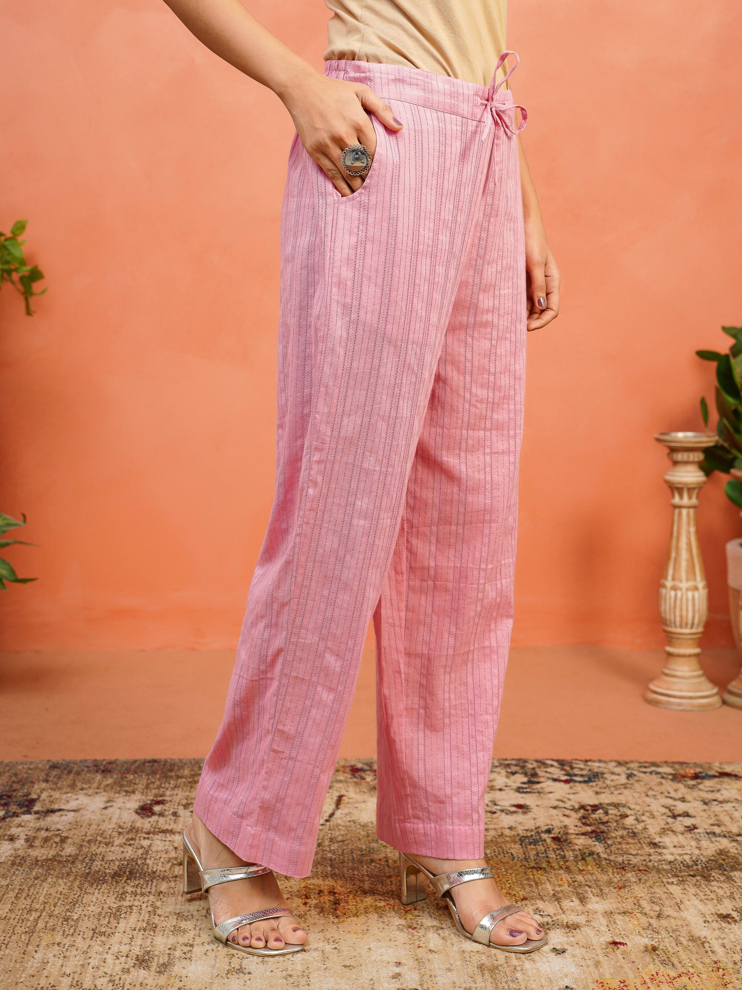 Embroidered Lurex Dobby Cotton Solid Straight Pink Kurta