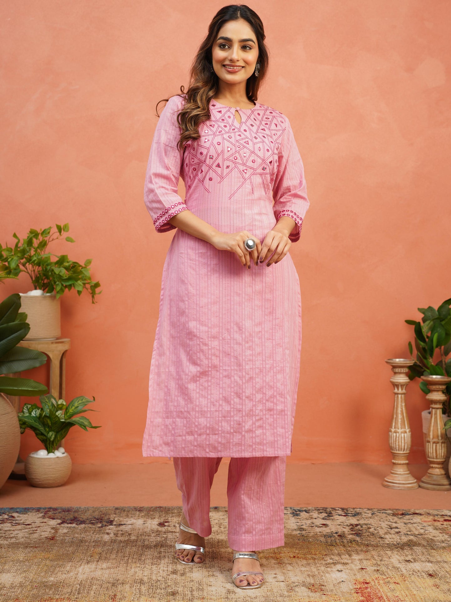 Embroidered Lurex Dobby Cotton Solid Straight Pink Kurta