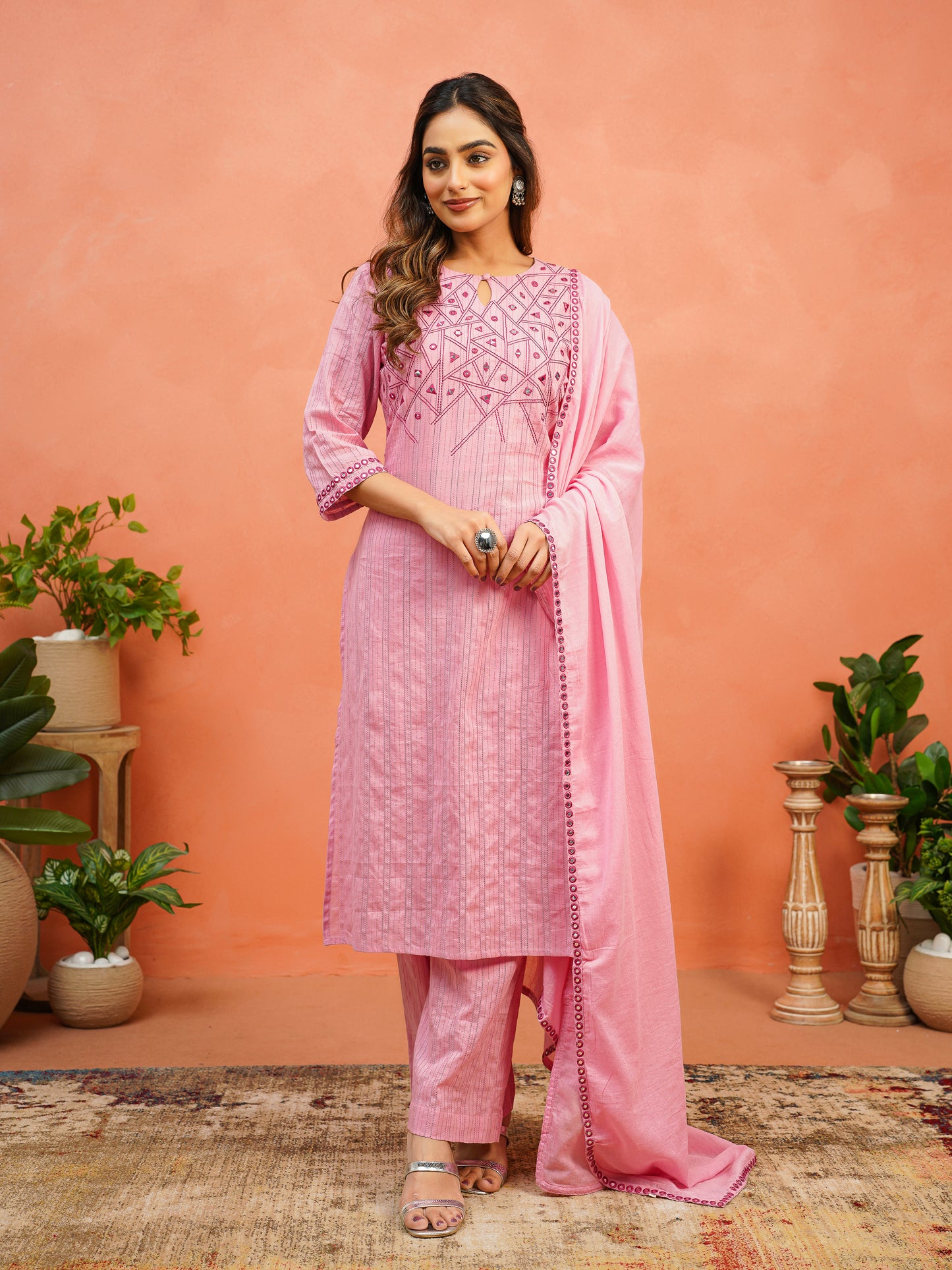 Embroidered Lurex Dobby Cotton Solid Straight Pink Kurta