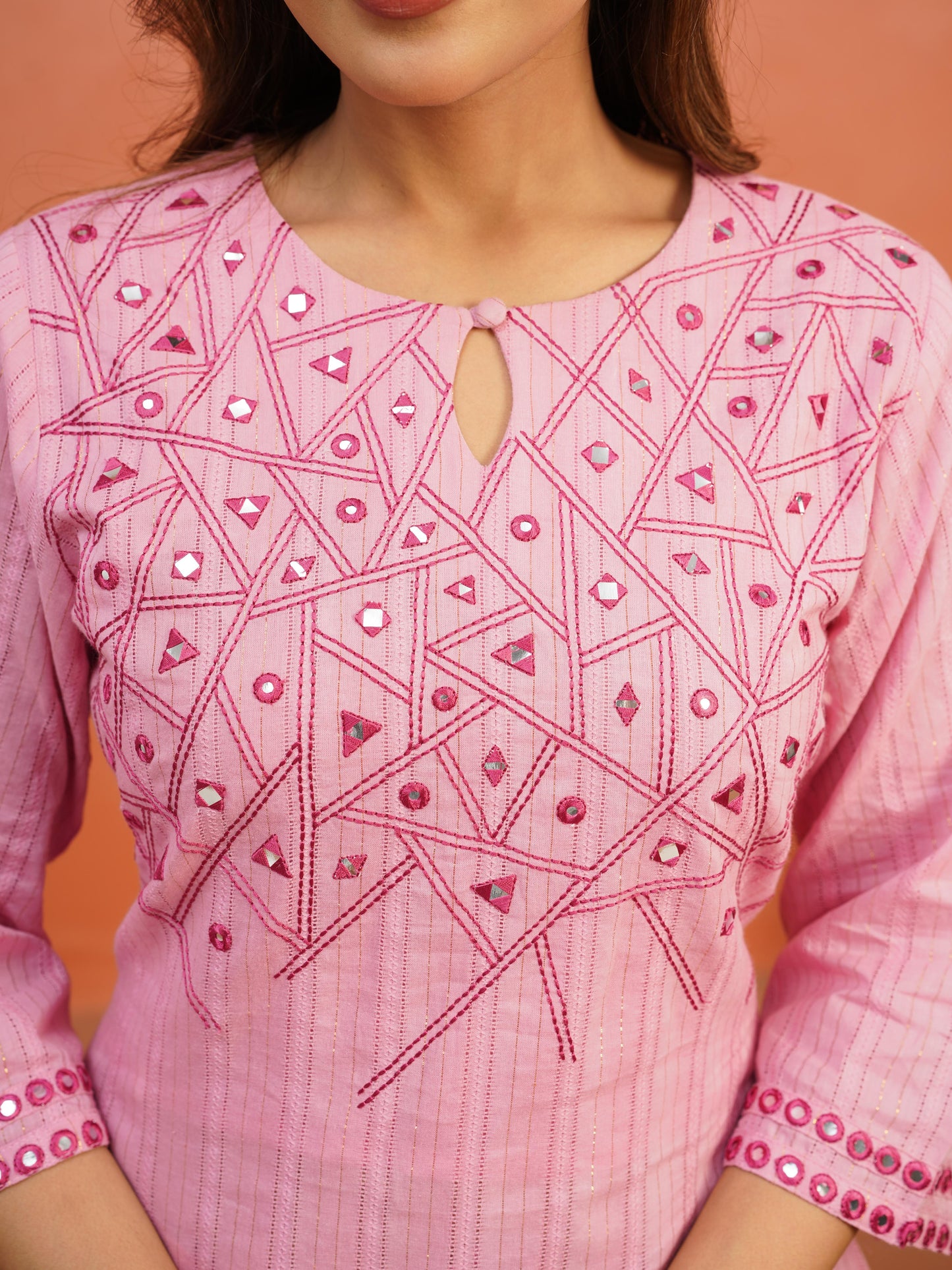 Embroidered Lurex Dobby Cotton Solid Straight Pink Kurta