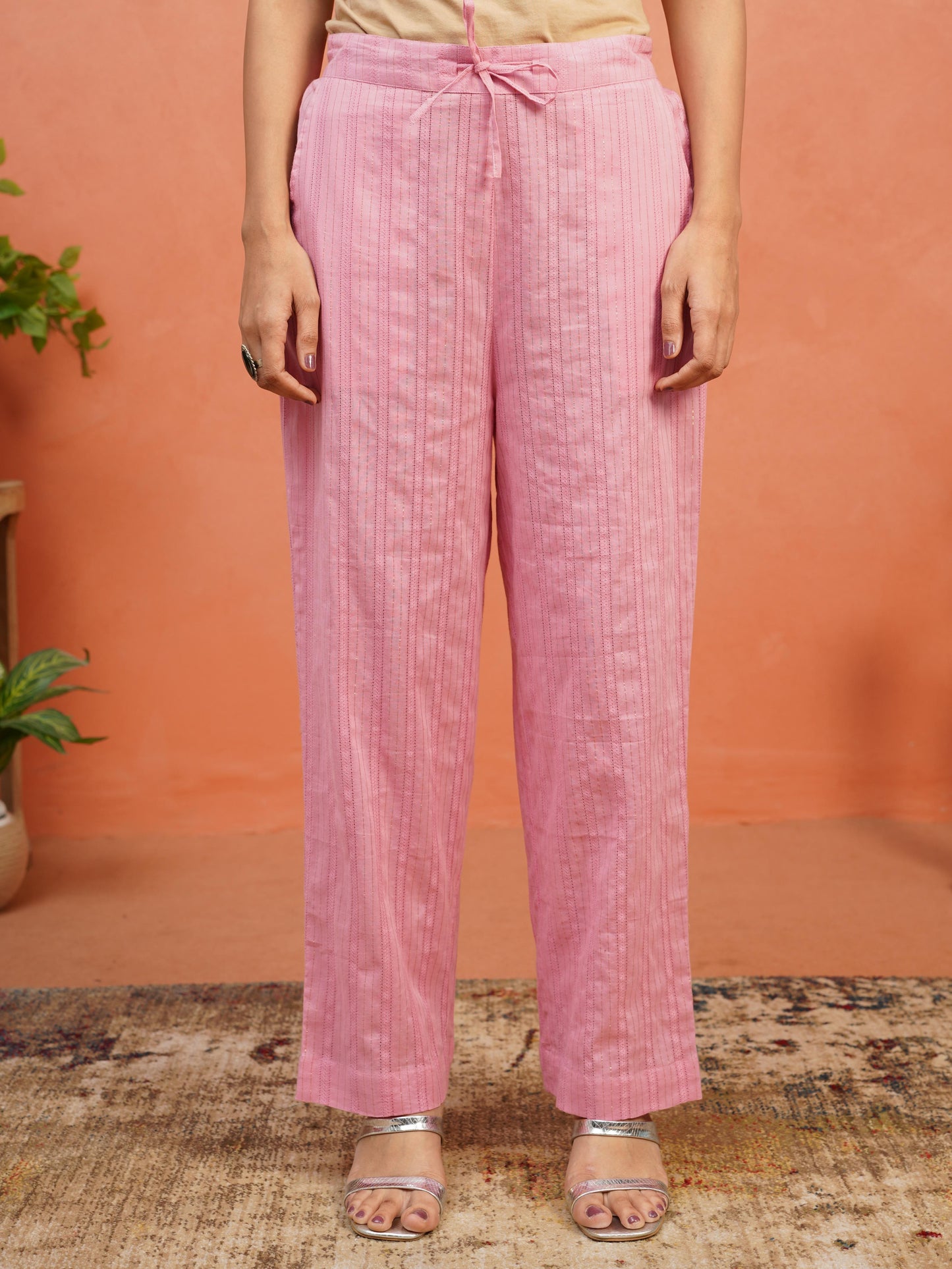 Embroidered Lurex Dobby Cotton Solid Straight Pink Kurta