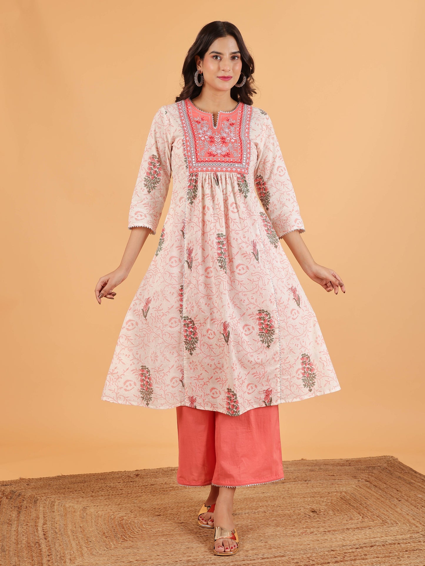 Soft Cotton Floral Panelled White Kurta