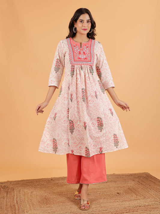 Soft Cotton Floral Panelled White Kurta