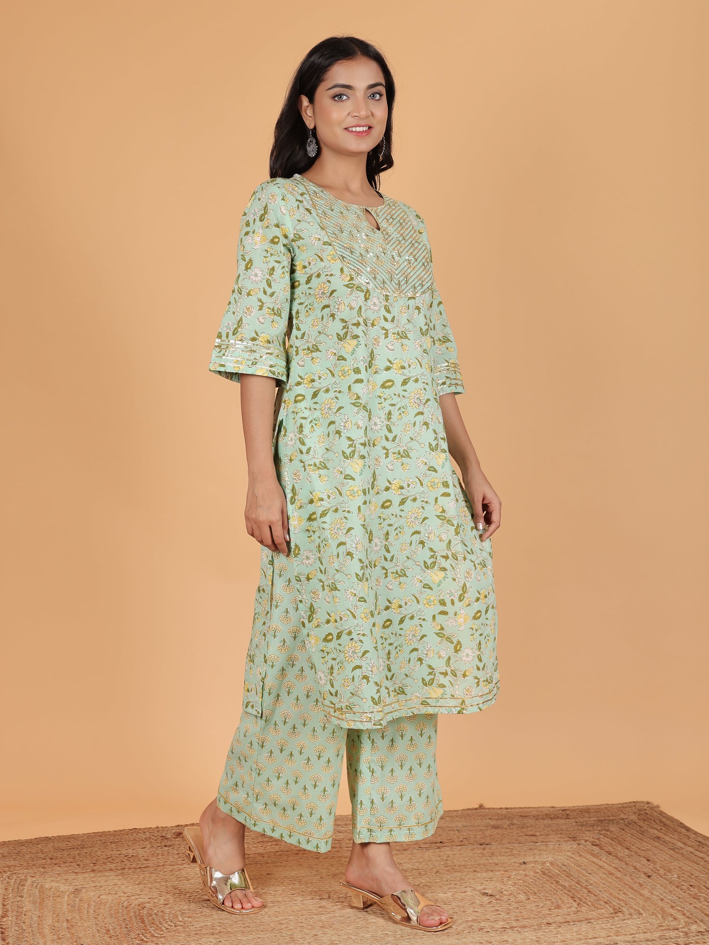 Soft Cotton Floral Straight Green Kurta