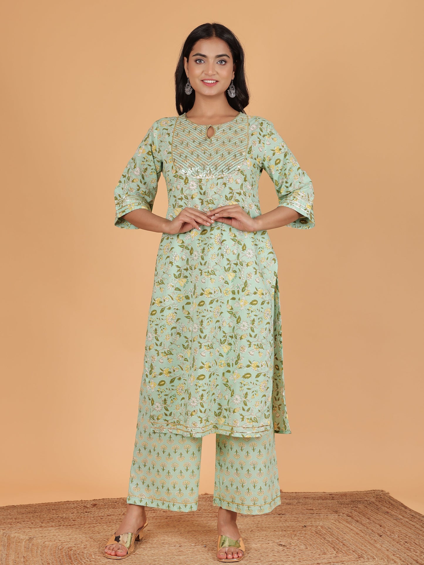 Soft Cotton Floral Straight Green Kurta