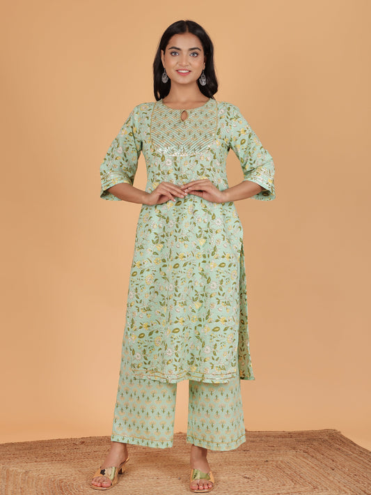 Soft Cotton Floral Straight Green Kurta
